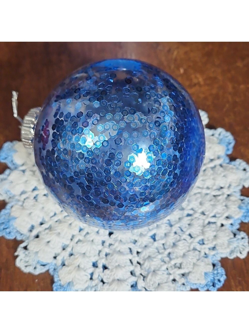 Handmade Blue Sequin Holiday Ornament Crochet Acrylic